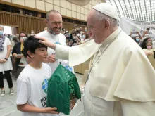 Pope Francis greets supporters of the Laudato Si’ Movement at his general audience at the Vatican, Sept. 1, 2021.